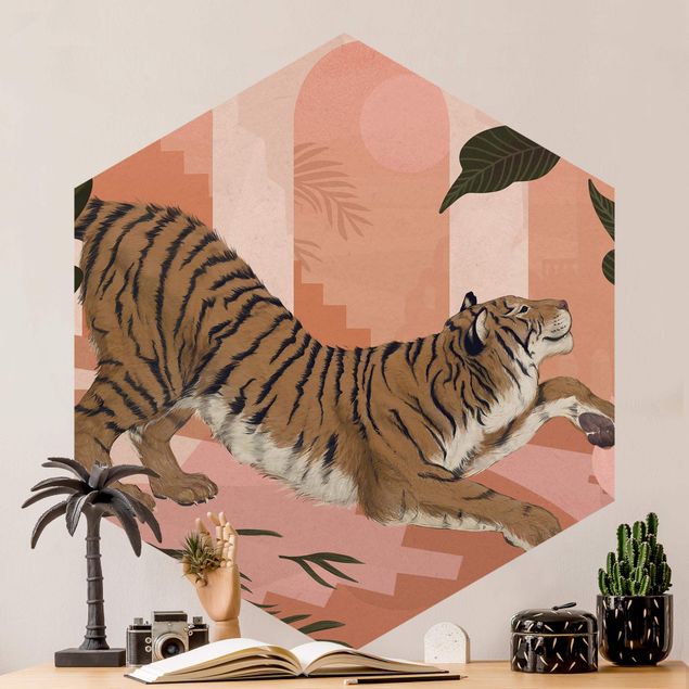 Fototapete modern Illustration Tiger in Pastell Rosa Malerei