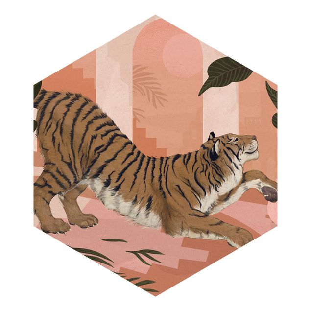 Design Tapete Illustration Tiger in Pastell Rosa Malerei