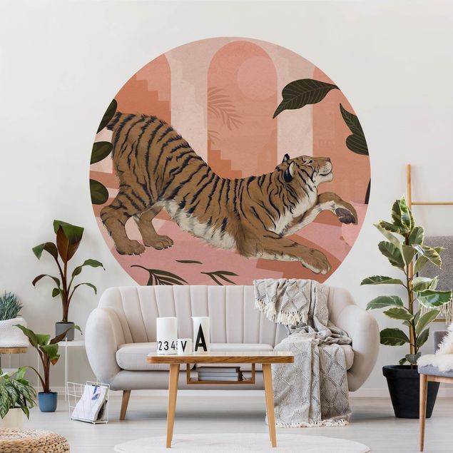 runde Fototapete Illustration Tiger in Pastell Rosa Malerei