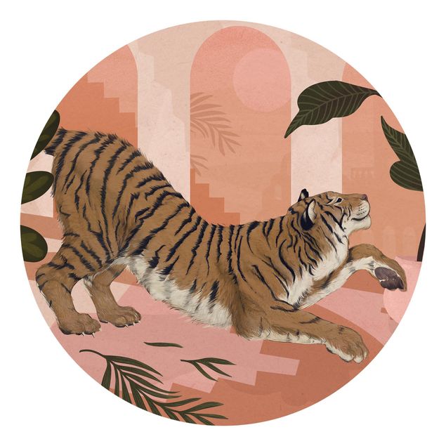 Wandtapete Tiere Illustration Tiger in Pastell Rosa Malerei
