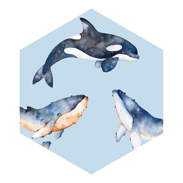 Fototapete blau Illustrierte Wale als Aquarell