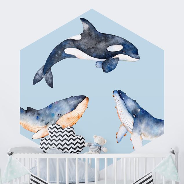 Kinderzimmer Tapete Tiere Illustrierte Wale als Aquarell