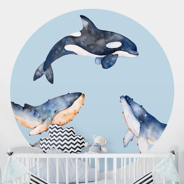 Tapeten rund Illustrierte Wale als Aquarell