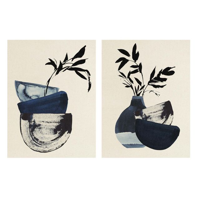 Leinwandbild Kunstdruck Japandi Aquarell - Geschirr mit Zweigen