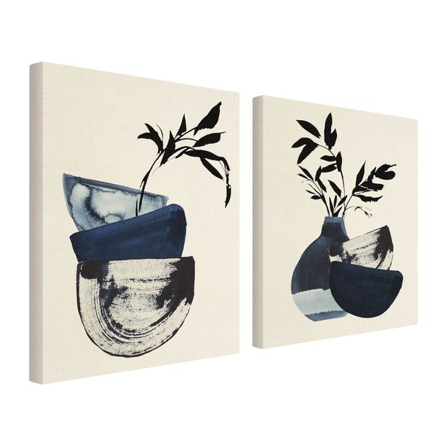 Moderne Leinwandbilder Wohnzimmer Japandi Aquarell - Geschirr mit Zweigen