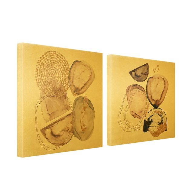 2-teiliges Leinwandbild - Japandi Aquarell Formen Gold