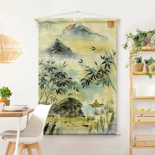 Wandteppich modern Japanische Aquarell Zeichnung Bambuswald