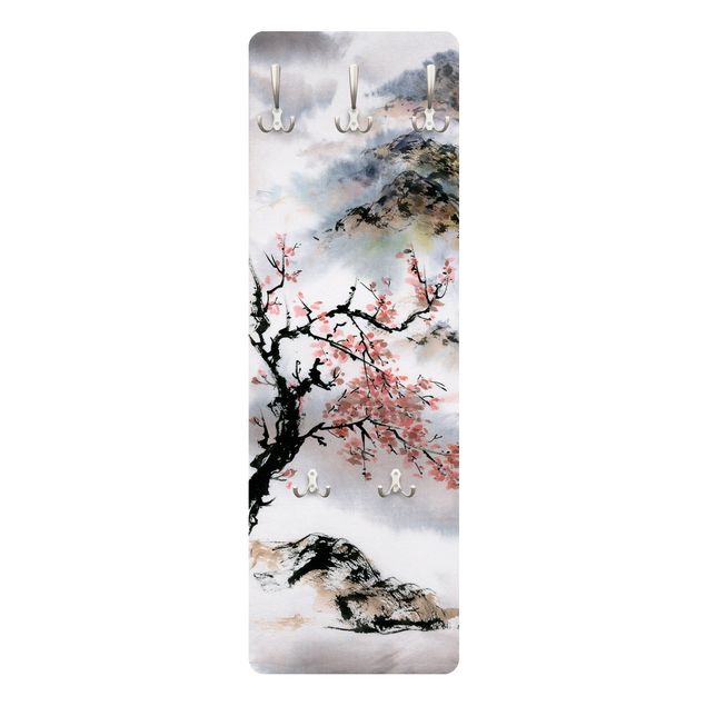 Garderobe - Japanische Aquarell Zeichnung Kirschbaum und Berge