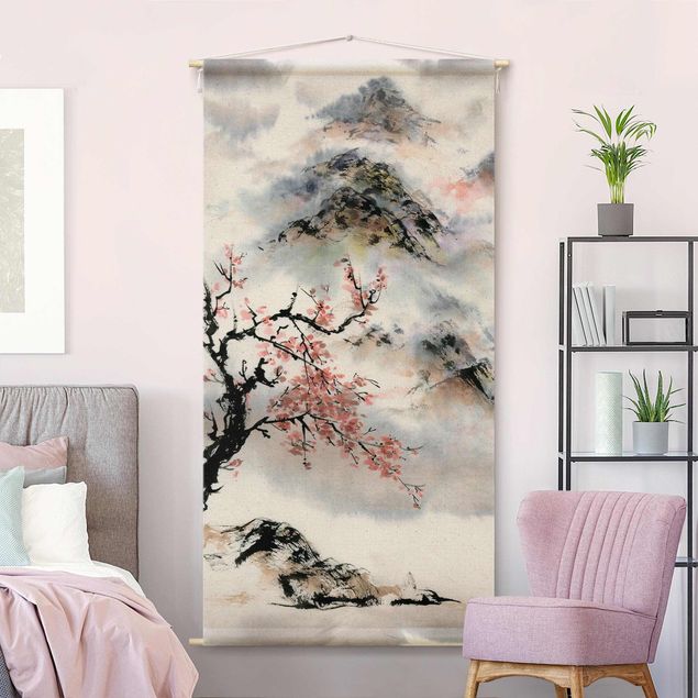 Wandteppich Natur Japanische Aquarell Zeichnung Kirschbaum und Berge