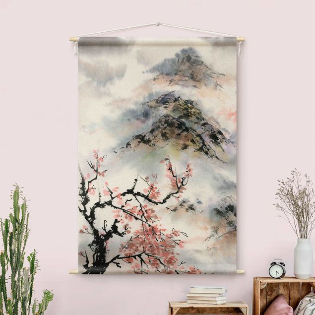 Wandteppich Natur Japanische Aquarell Zeichnung Kirschbaum und Berge
