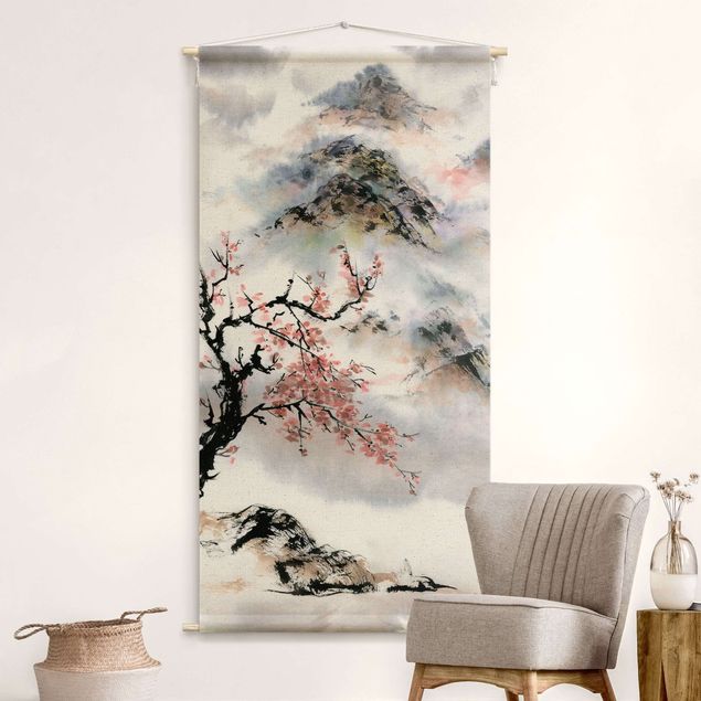 Wandteppich Vintage Japanische Aquarell Zeichnung Kirschbaum und Berge
