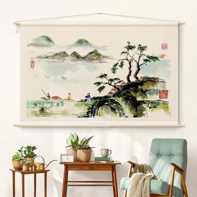 Moderne Wandteppiche Japanische Aquarell Zeichnung See und Berge