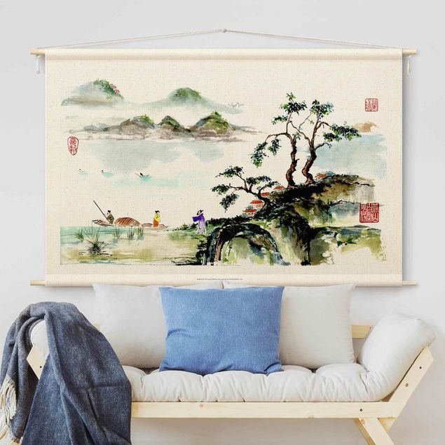 Vintage Wandteppich Japanische Aquarell Zeichnung See und Berge