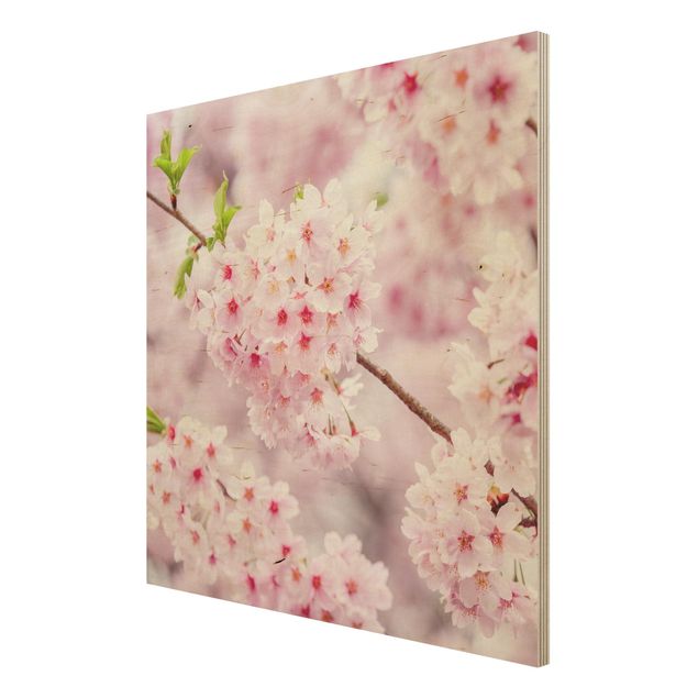 Holzbild Skyline Japanische Kirschblüten
