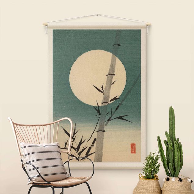 Wandteppich Vintage Japanische Zeichnung Bambus und Mond