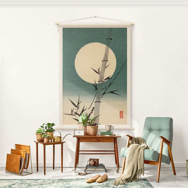 Wandteppich Natur Japanische Zeichnung Bambus und Mond