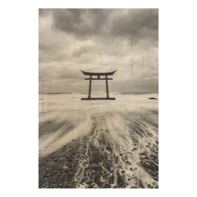 Holzbild Skyline Japanisches Torii im Meer