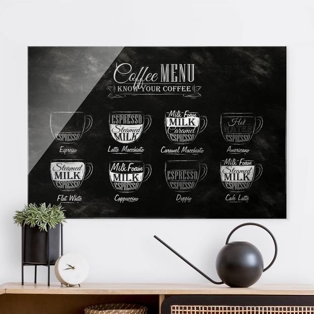 Wandbilder Glas XXL Kaffeesorten Kreidetafel