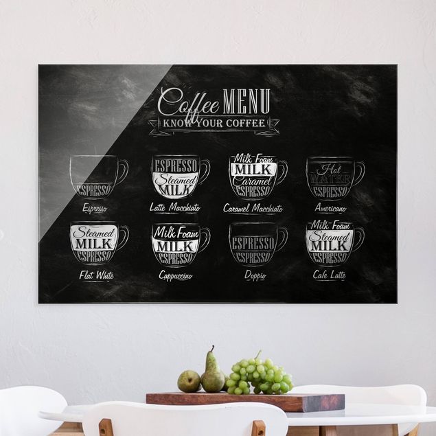 Schwarz-Weiß Glasbilder Kaffeesorten Kreidetafel