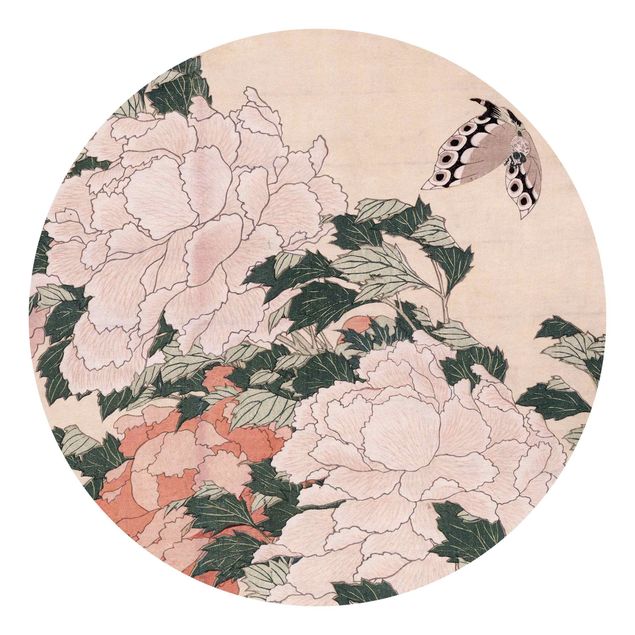 Fototapete Vintage Katsushika Hokusai - Rosa Pfingstrosen mit Schmetterling