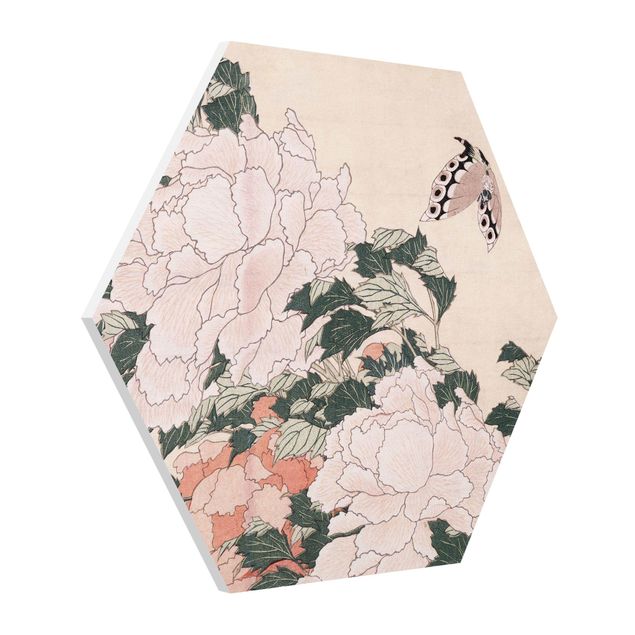 Wandbilder Katsushika Hokusai - Rosa Pfingstrosen mit Schmetterling