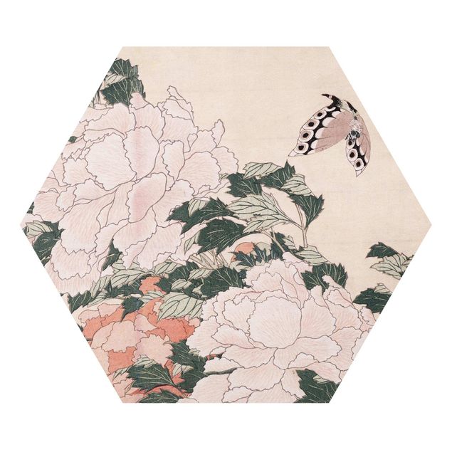 Hexagon Bilder Katsushika Hokusai - Rosa Pfingstrosen mit Schmetterling