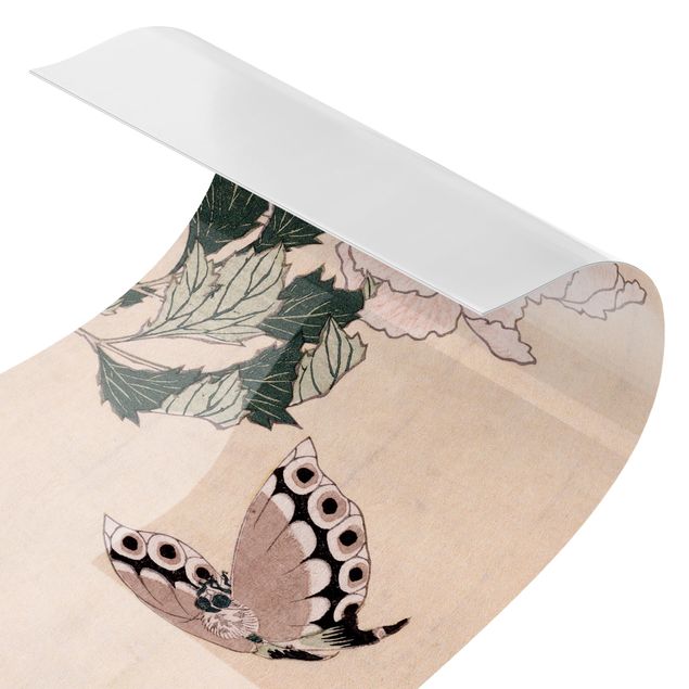 Küchenspritzschutz Katsushika Hokusai - Rosa Pfingstrosen mit Schmetterling