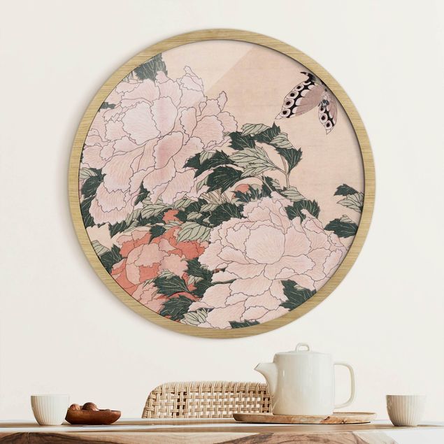 Wandbild rund Katsushika Hokusai - Rosa Pfingstrosen mit Schmetterling