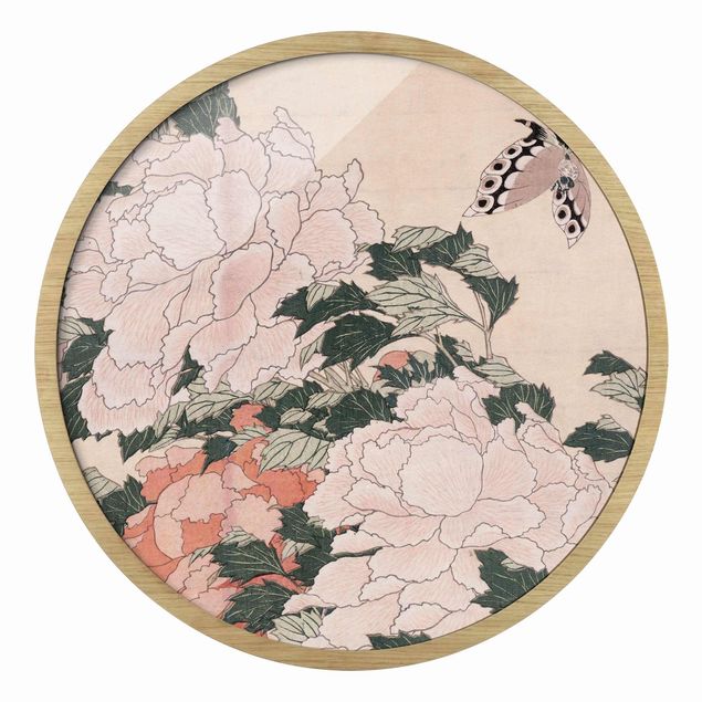 Gerahmte Kunstdrucke Katsushika Hokusai - Rosa Pfingstrosen mit Schmetterling
