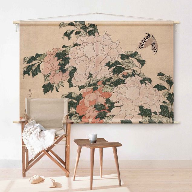 Wandbilder Tiere Katsushika Hokusai - Rosa Pfingstrosen mit Schmetterling