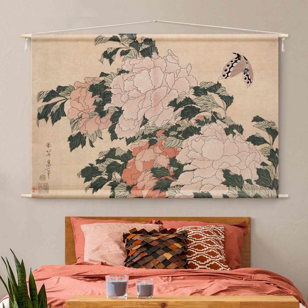 Wandbehang Vintage Katsushika Hokusai - Rosa Pfingstrosen mit Schmetterling