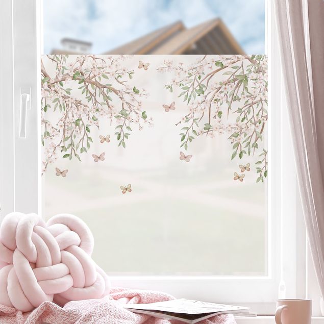 Blumen Fensterbilder Kirschblüte im Flügelspiel der Schmetterlinge