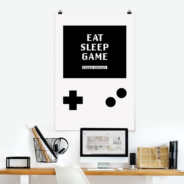 Wandposter Schwarz-Weiß Klassik Konsole Eat Sleep Game Press Repeat