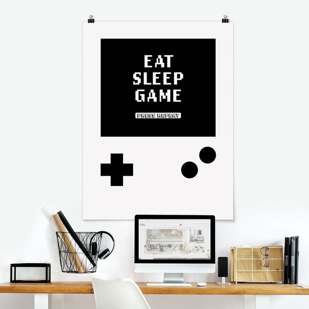 Poster Schwarz-Weiß Klassik Konsole Eat Sleep Game Press Repeat