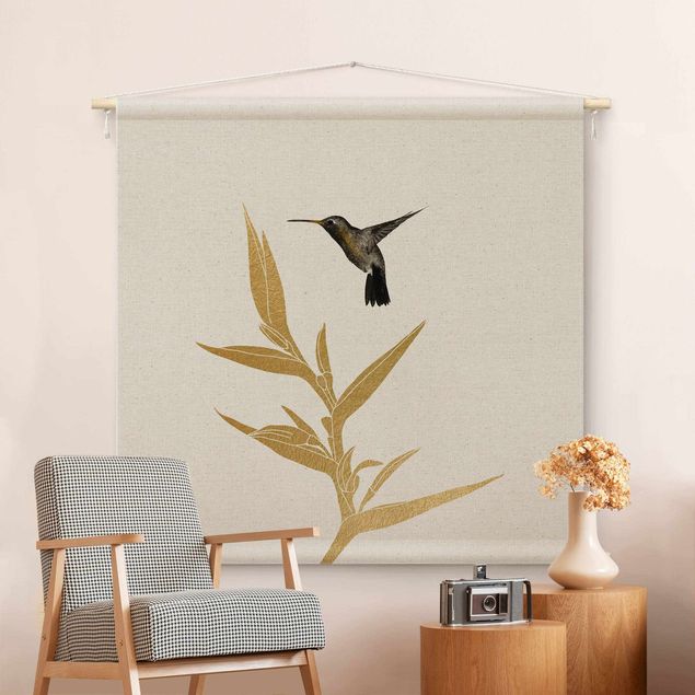 Wandteppich XXL Kolibri und tropische goldene Blüte II