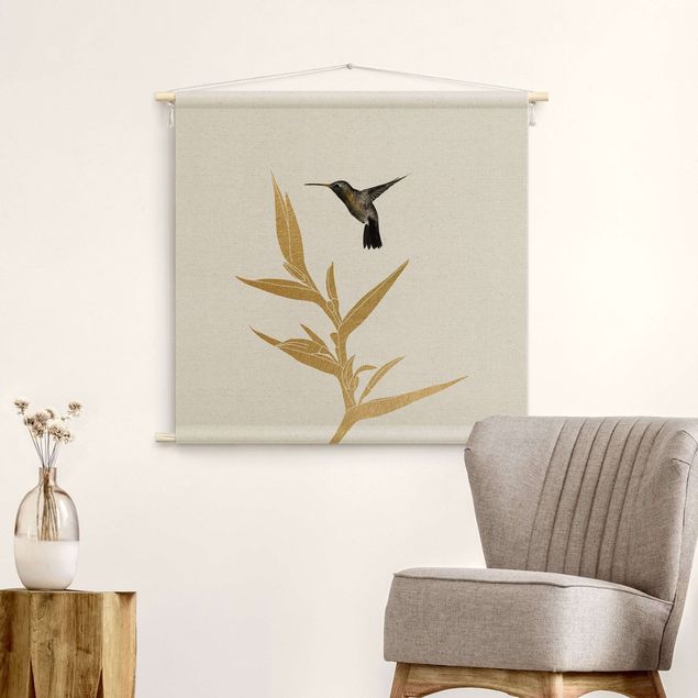 Wandbehang Stoff Kolibri und tropische goldene Blüte II