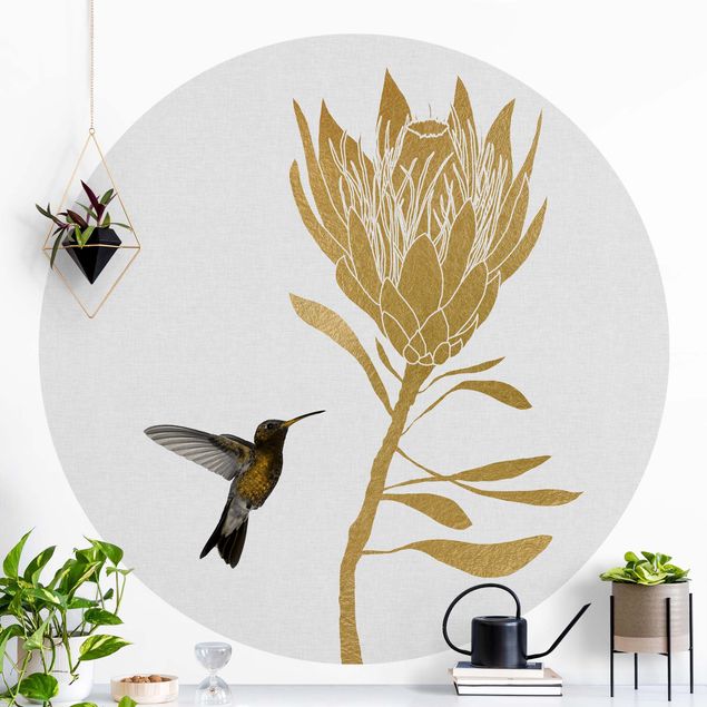 Runde Tapete selbstklebend - Kolibri und tropische goldene Blüte