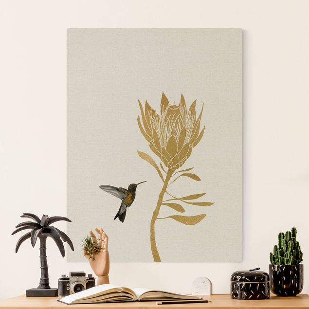 Leinwand Bilder XXL Kolibri und tropische goldene Blüte