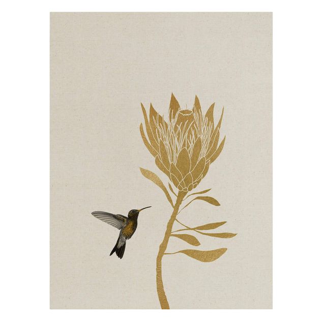Leinwandbild Kunstdruck Kolibri und tropische goldene Blüte