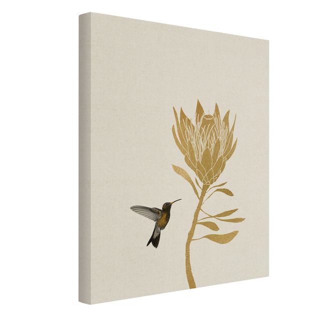 Tierbilder auf Leinwand Kolibri und tropische goldene Blüte