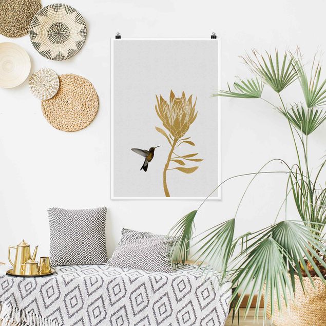 Poster Kinderzimmer Tiere Kolibri und tropische goldene Blüte