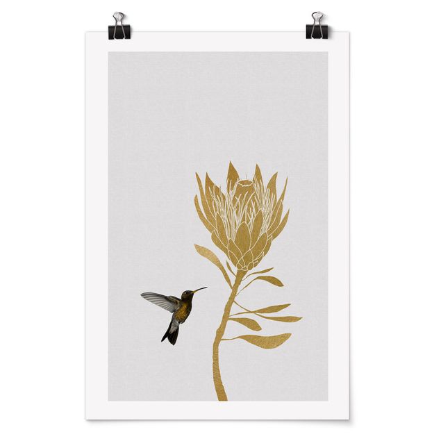 Poster Tiere Kolibri und tropische goldene Blüte