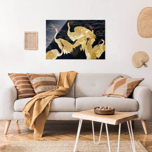 Glasbild Tiere Kraniche mit goldenen Federn II