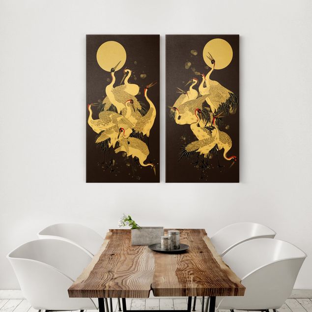 Wandbilder Tiere Kraniche vor Mond Duo