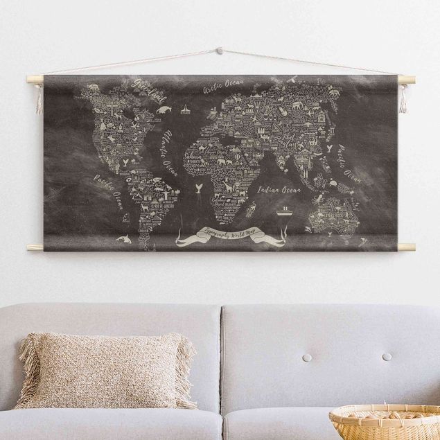 Weltkarte Wandteppich Kreide Typografie Weltkarte