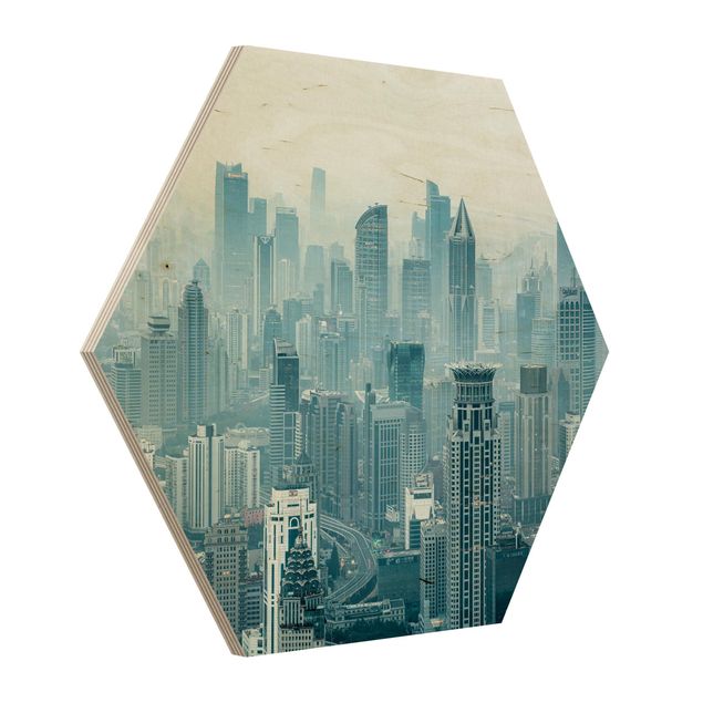 Hexagon Bild Holz - Kühles Shanghai