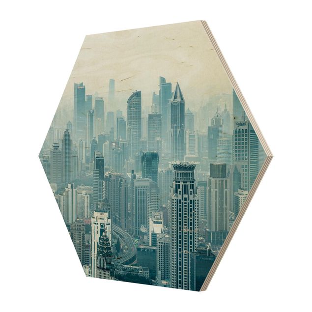 Hexagon Bild Holz - Kühles Shanghai