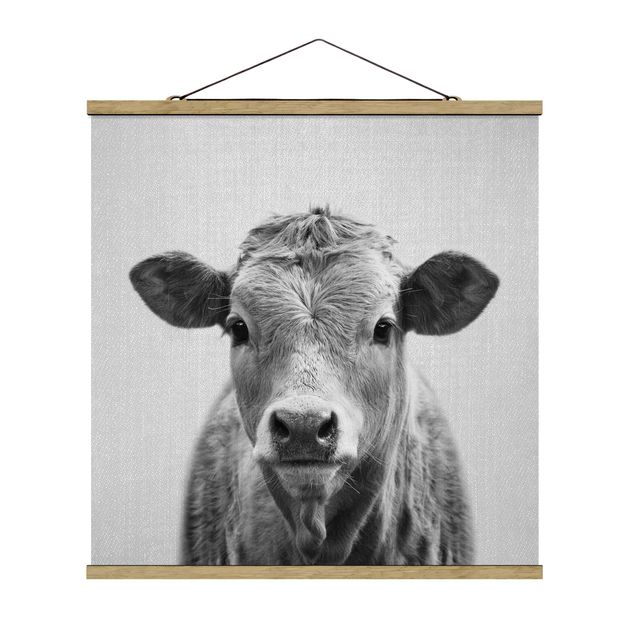 Stoffbild mit Posterleisten - Kuh Kathrin Schwarz Weiß - Quadrat 1:1