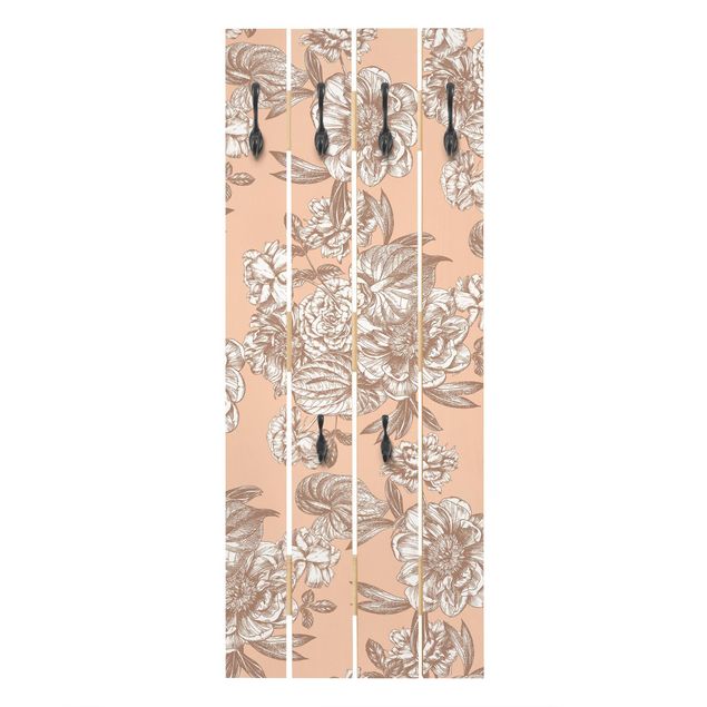 Wandgarderobe Holzpalette - Kupferstich Blütenbouquet