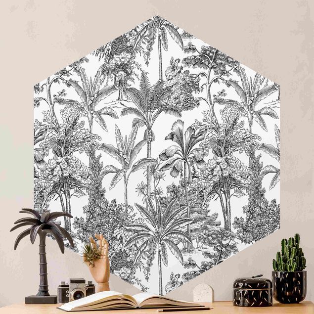 Blumentapete Kupferstichanmutung - Tropische Palmen
